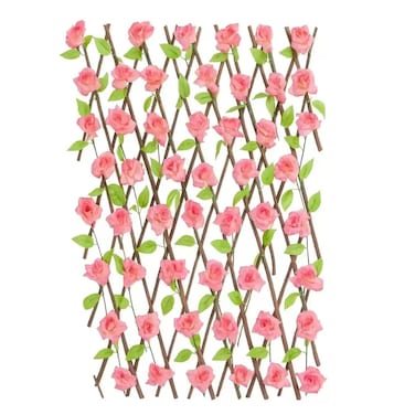 Artificial Rose Flower And Leaves Garland Vine With Expandable Wooden Fence- 1.2Mtr