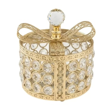 Crystal Round Jewelry Box With Crystal Stone In Metal Frame And Bow Knot Lid 12X14Cm- Golden
