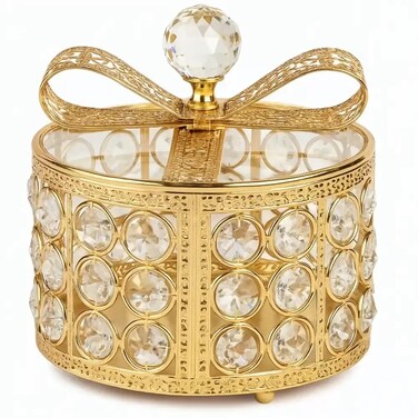 Crystal Round Jewelry Box With Crystal Stone In Metal Frame And Bow Knot Lid 13X21Cm- Golden