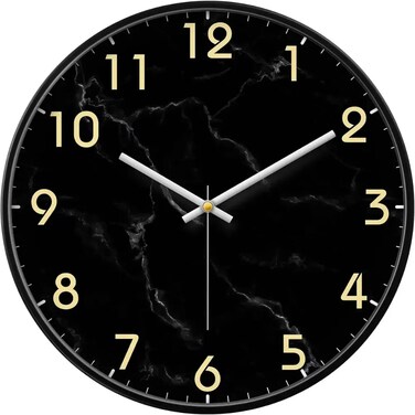 Round Black Marble Patterned Analogue Wall Clock- Black