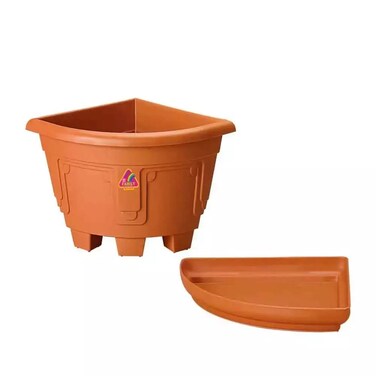 Plastics Flower Pot Corner Shelf Planter With Tray For Indoor Outdoor Use, Brown