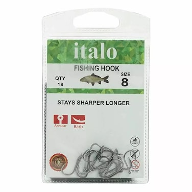 Italo Fishing Hooks, Stay Sharper Longer, Pack Of 18Pcs- Size 8