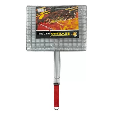 Teweijia Handheld Foldable Non Stick Stainless Steel Bbq Grill Net With Removable Wooden Handle- Silver