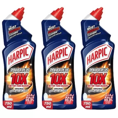 Harpic Power Plus Toilet Cleaner 10X Better Than Bleach with Original Scent Kills 99.9percent Germs- 3X750ml