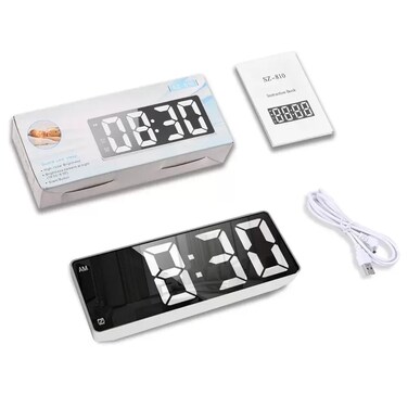 Bedside Digital Alarm Clock With Led Display And Mirror Finish- White