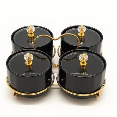 Sleek Black Finish Candy Bowl Set With Glass Lid And Heart Shaped Golden Stand- 4pcs Set
