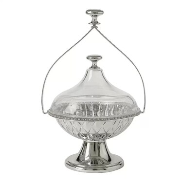 Multipurpose Metal Snacks Bowl With Transparent Lid And Handle 16X15X28- Silver
