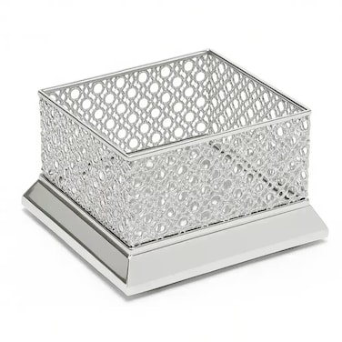 Square Rim Mirror Base Metal Storage Tray With Cutwork Detailed 28X18X10cm- Silver