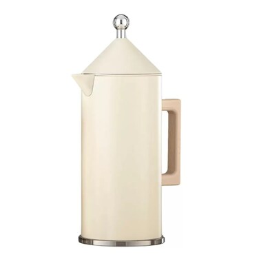 Stainless Steel Vacuum Flask Set Push Button With Wooden Handle And Metal Ball Lid- Beige