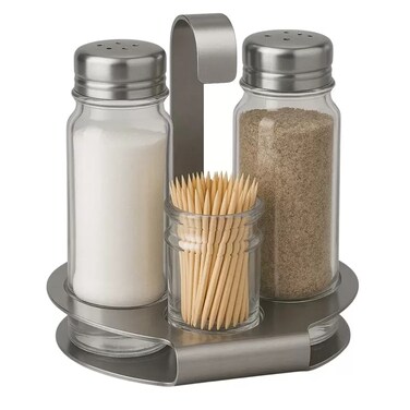 Glass Seasoning Bottle Set Of Salt Pepper And Toothpick Bottle In Silver Hook Stand- 3pcs Set
