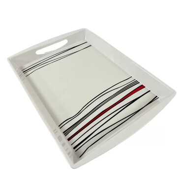 Sarvah Melamine 17 Inch Black And Red Line Designed Rectangle Serving Tray With Handle- White