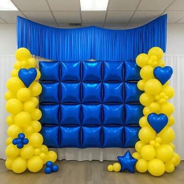Party Decorating Blue And Yellow Customize Metallic Balloon Arch Kit With Wall Backdrop Curtain