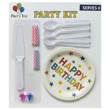 Star Printed Happy Birthday Party Tableware Disposable Kit With Plates, Spoon, Candle, Knife And Candle Stand Pack Of 3
