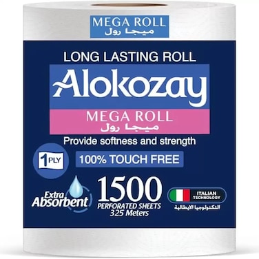 Alokozay Long Lasting Soft And Strong Mega Roll 100Percent Touch Free, 1500 Perforated Sheets- 325Mtr