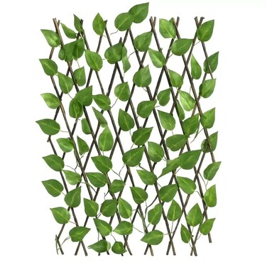 Artificial Green Plant Leaves Vine In Expandable Wooden Fence For Home Wall Decoration- 1.2Mtr