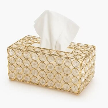 Vintage Design Rectangular Facial Tissue Box With Crystal Stone In Metal Frame- Golden