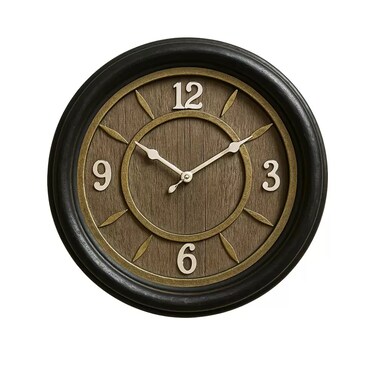 Battery Operated Classic Analogue Wooden Wall Clock With Golden Interior- Black