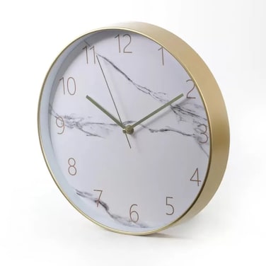 White Marble Designed Round Analogue Wall Clock With Gold Frame- Golden
