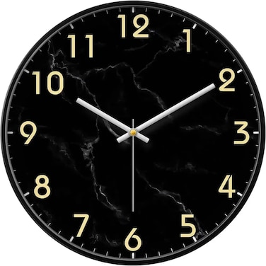 Round Black Marble Patterned Analogue Wall Clock- Black