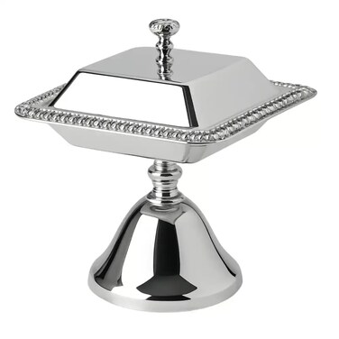 Trinity Decorative Square Fruit Plate Silver With Stand And Lid- 16.5X15cm