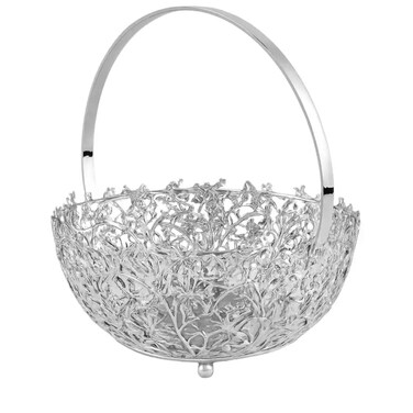 Floral Patterned Silver Metal Puja Round Basket With Handle For Carrying Fruits And Flowers