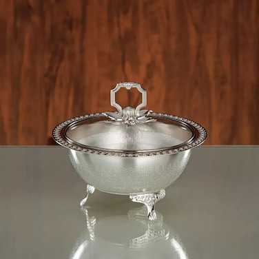 Al Marjan Elegant Pattern Dates Pot With Glass Lid 18X15cm- Silver
