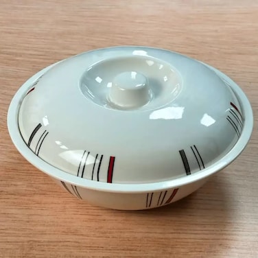 Sarvah Melamine 10 Inch Black And Red Line Designed Round Bowl With Lid- White