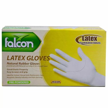Falcon Pre Powdered Natural Rubber Gloves, Medium- 100Pcs