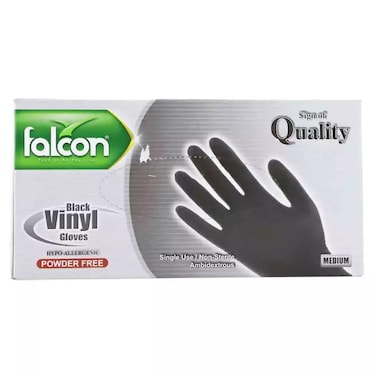 Falcon Black Vinyl Gloves, Powder Free &amp; Single Use Gloves, Medium Size - Box Of 100 Gloves