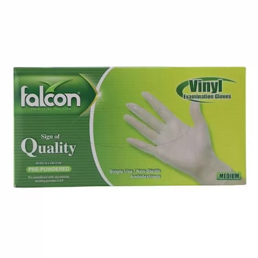 Falcon Vinyl Examination Hypo Allergenic Pre Powdered Gloves Absorbable Dusting Powder, Medium- 100Pcs