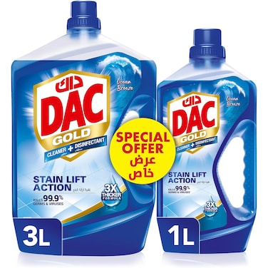 Dac Gold Disinfectant Multi-Purpose Cleaner - Ocean Breeze (3 Litres + 1 Litre), For 99.9% Germs And Bacteria Removal, With Long-Lasting Cleanliness And Freshness