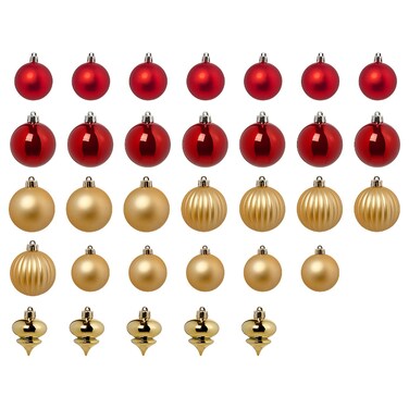 Christmas Tree Ornament Set Of 32 Bauble Mixed Shapes/Red Gold-Colour
