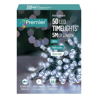 Christmas Premier 50 Led Timelights White Battery Operated String Lights (5 M)