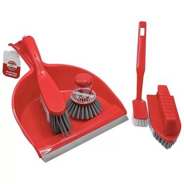 Multipurpose Combo 5Pcs Set Of Dustpan And Brushes With Hanging Design Handle- Red