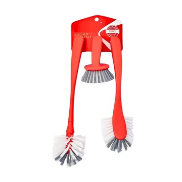 3 Pieces Kitchen Cleaning Dishwashing Brush And Scrubber Set- Red