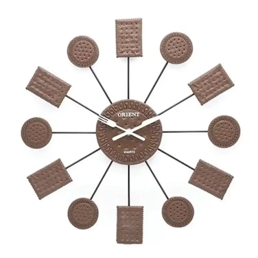 Round And Square Cookie Biscuit Themed Wall Clock With Fork And Knife As Hand- Dark Brown