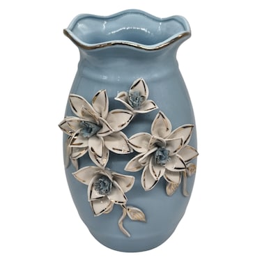 Ceramic Flower Vase For Home Decor Table Centerpieces, Flower Design Decorative Flowers Vase-25Cmx12Cm-Cyan