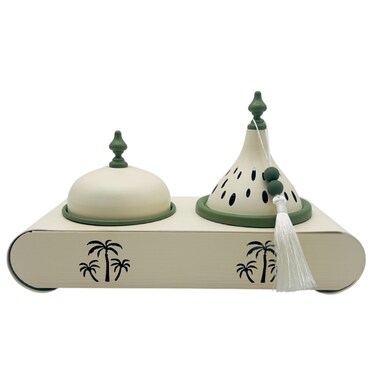 Elegant Palm Metal Incense Burner Set 30Cm*13Cm*17.5Cm, Ivory/Green