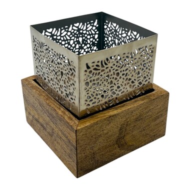 Square Wooden And Metal Incense Burner 14Cm*14Cm, Silver
