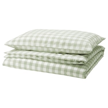 Duvet Cover And Pillowcase Pale Grey-Green White/Check 150X200/50X80 Cm