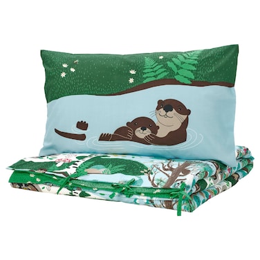 Duvet Cover And Pillowcase Blue Green/Forest Pattern 150X200/50X80 Cm