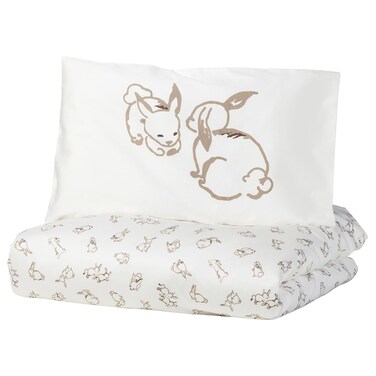 Duvet Cover 1 Pillowcase For Cot Rabbit Pattern/White/Beige 110X125/35X55 Cm