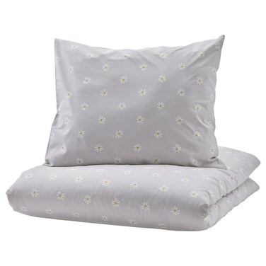 Duvet Cover And Pillowcase Floral Pattern Grey/White 150X200/50X80 Cm