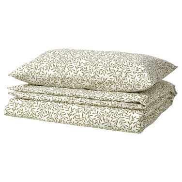 Duvet Cover And Pillowcase White/Green 150X200/50X80 Cm
