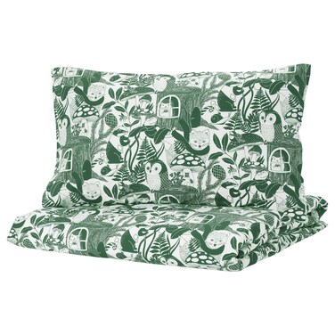 Duvet Cover And Pillowcase White Green/Forest Pattern 150X200/50X80 Cm