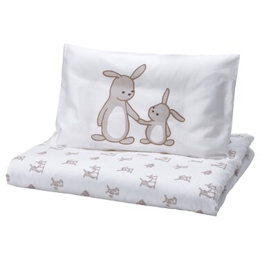 Duvet Cover 1 Pillowcase For Cot White Beige/Bunny Pattern 110X125/35X55 Cm