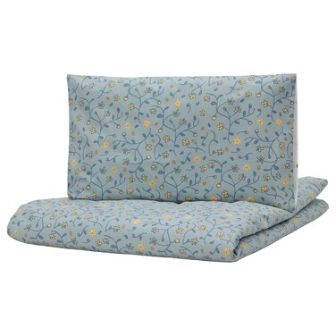 Duvet Cover 1 Pillowcase For Cot Blue/White Floral Pattern 110X125/35X55 Cm