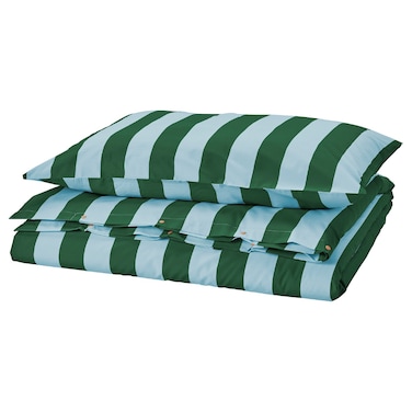 Duvet Cover And Pillowcase Light Blue Dark Green/Stripe 150X200/50X80 Cm