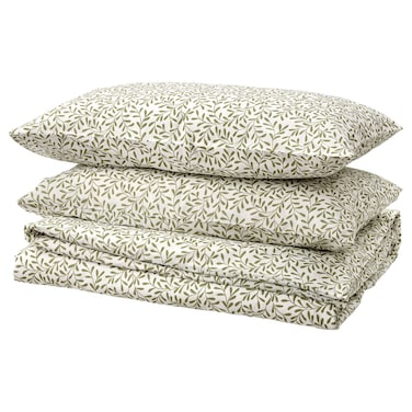 Duvet Cover And 2 Pillowcases White/Green 240X220/50X80 Cm