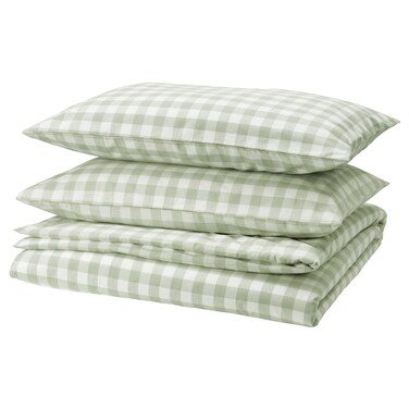 Duvet Cover And 2 Pillowcases Pale Grey-Green White/Check 240X220/50X80 Cm